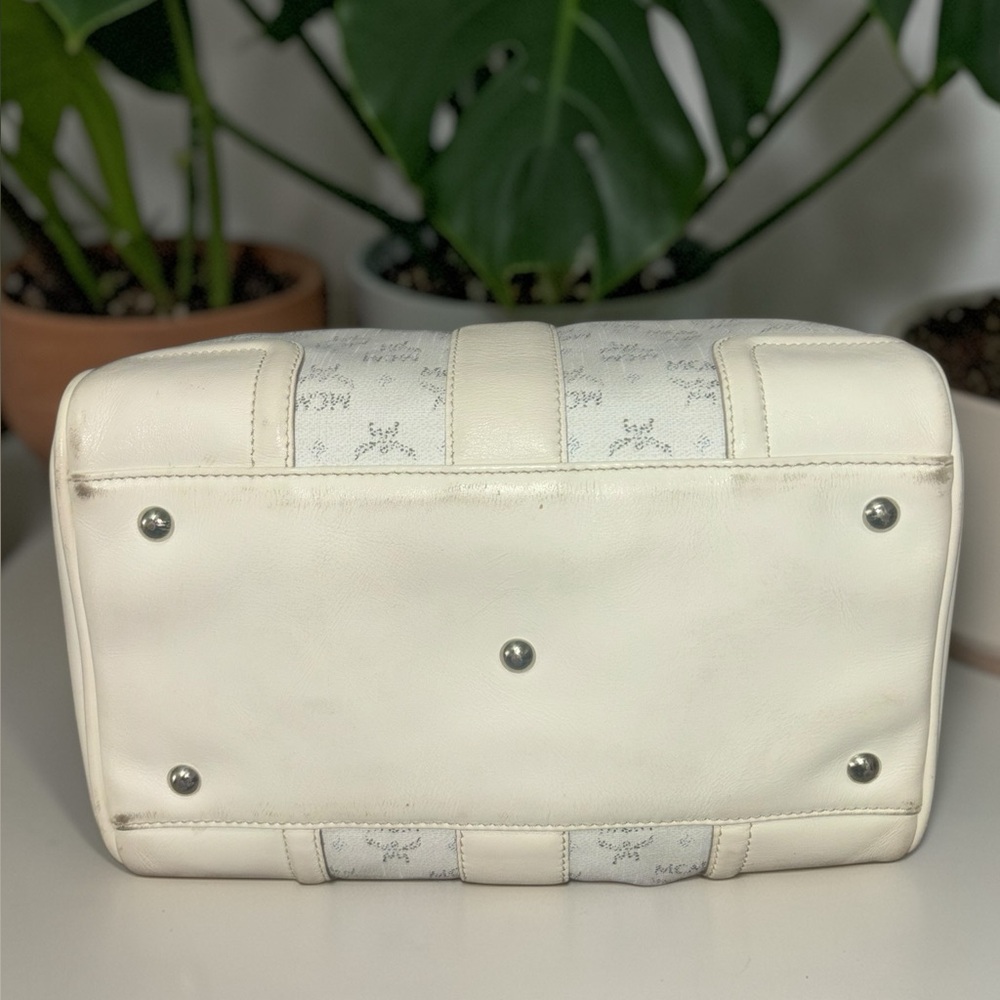 MCM Cream Logo Satchel with Gold Plaque and Charm - Picture 6 of 11